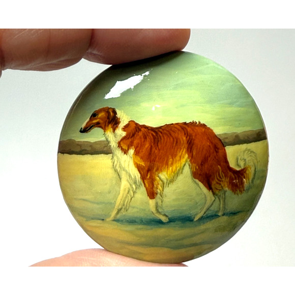 Vintage Russian Wolfhound Borzoi Hand Painted Lacquer Brooch Pin Wood Signed '02 - Picture 1 of 4